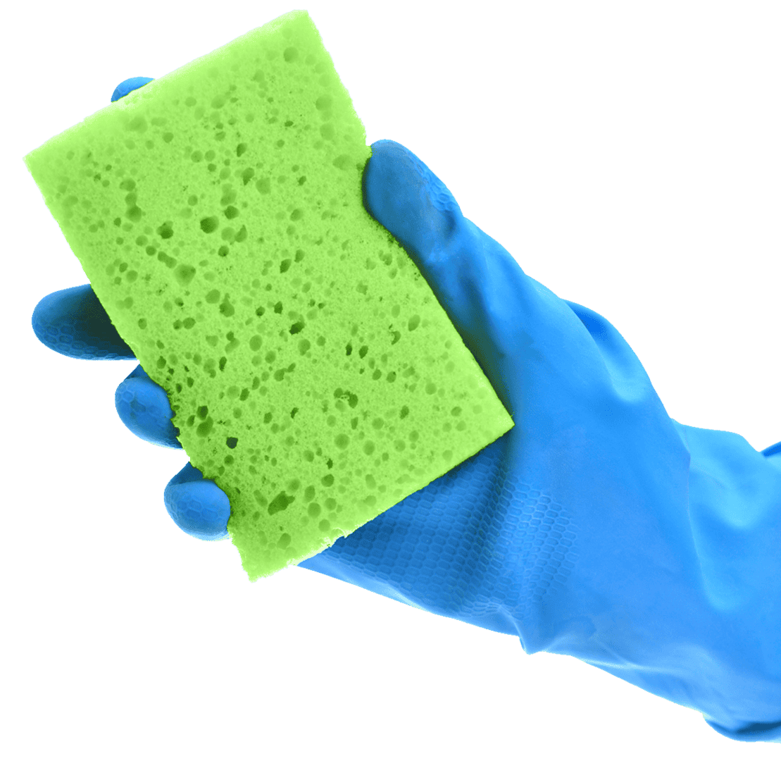 Hand mit grünem Schwamm